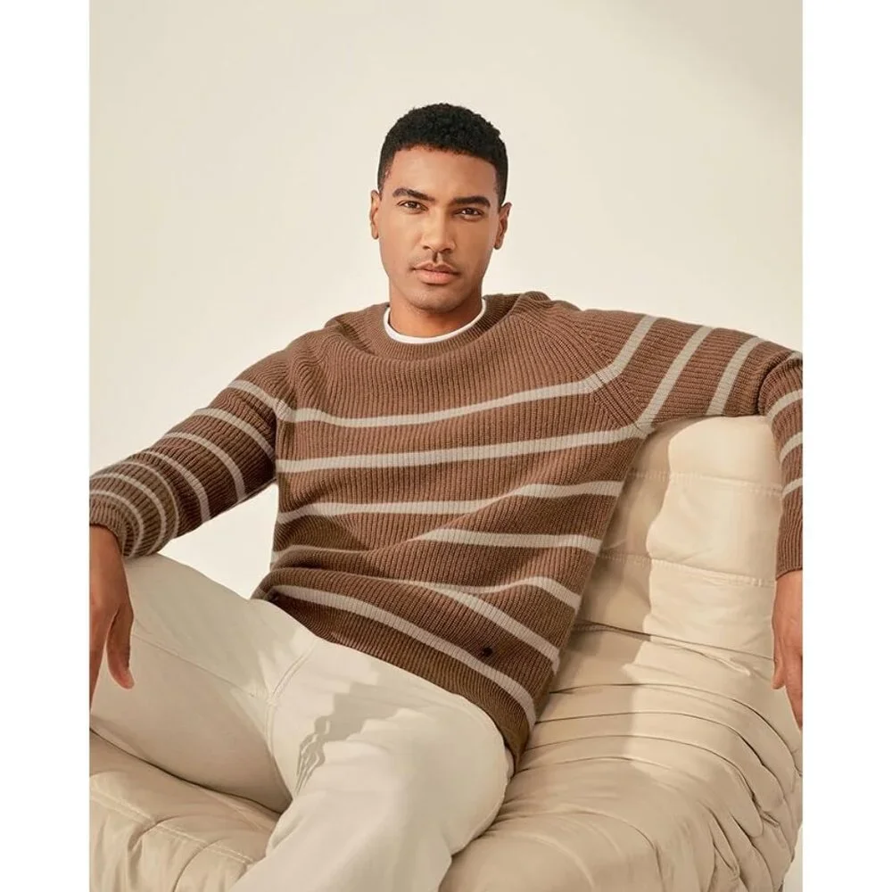 KVSS 100% Pure Cashmere Crewneck Pullover Sweater Brown/Cream Striped NEW w/Box! - Picture 1 of 6
